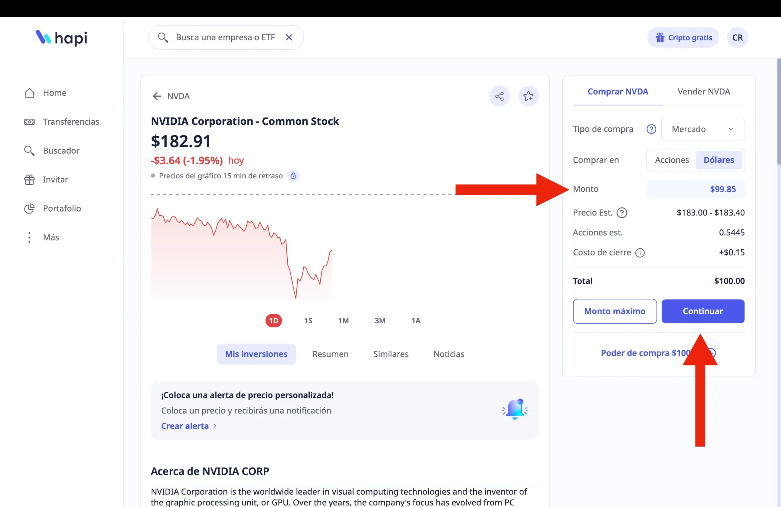 Comprar acciones de Nvidia en Hapi - Paso 2
