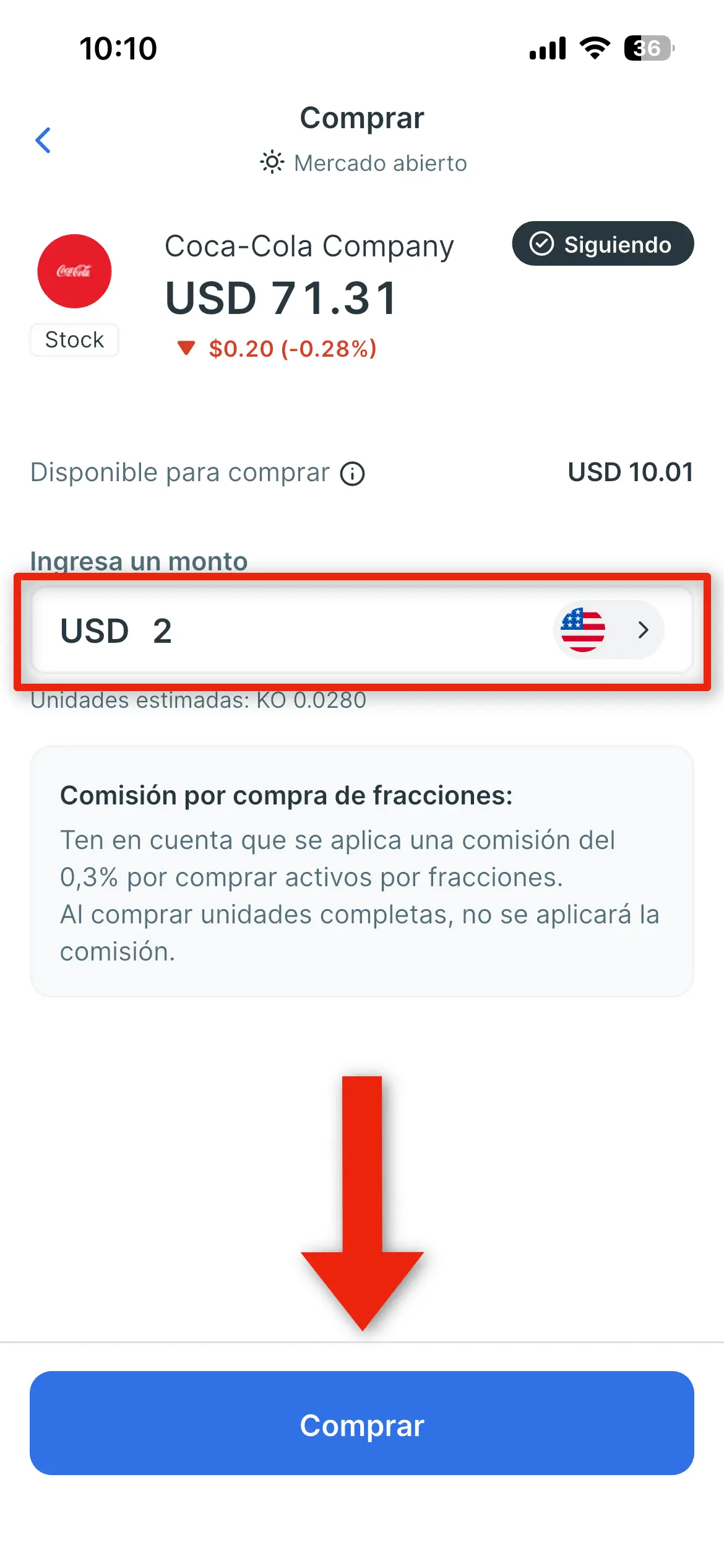 Comprar acciones de Coca Cola en Tyba - Paso 7