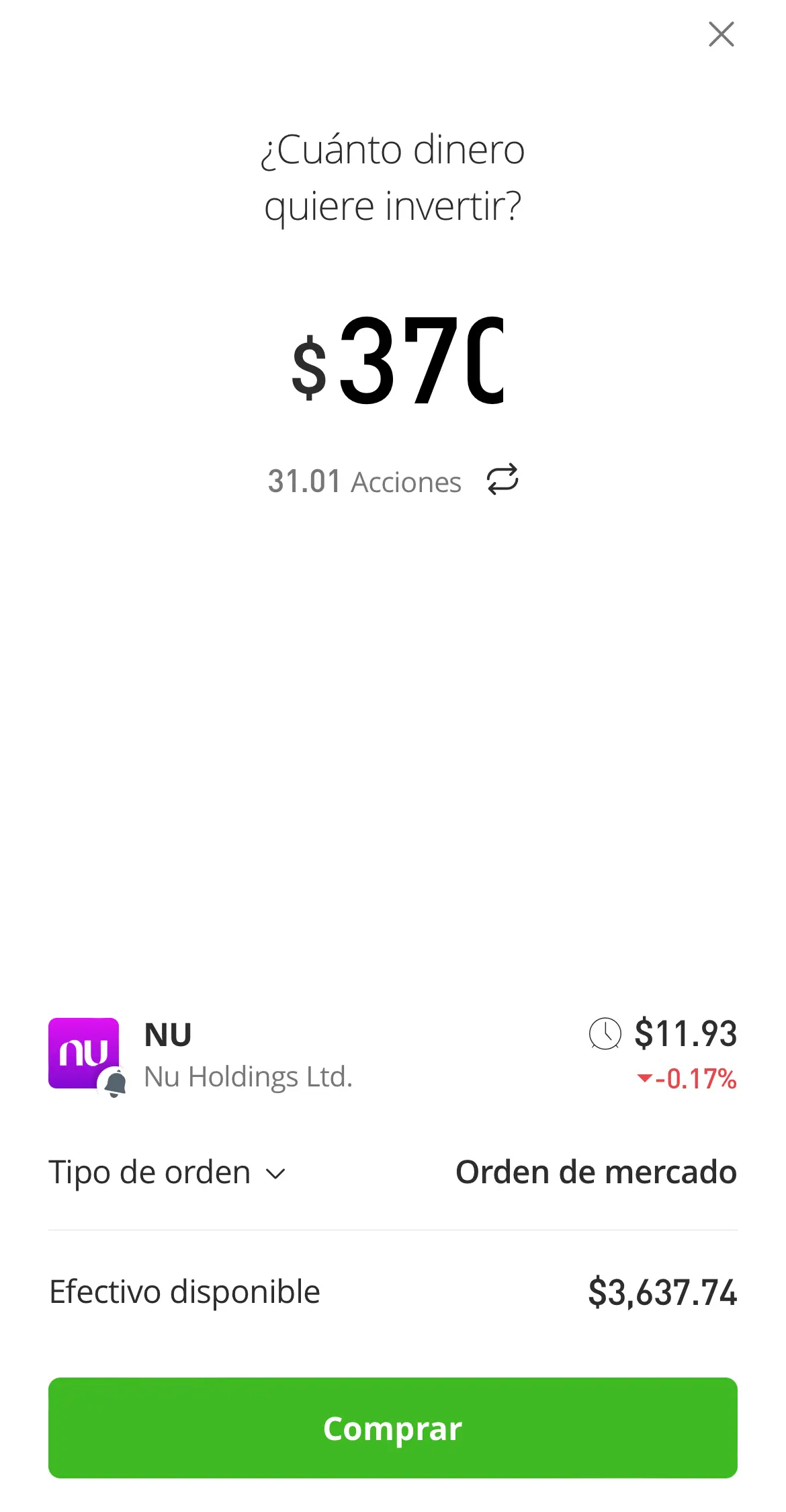 orden de compra de nubank en etoro